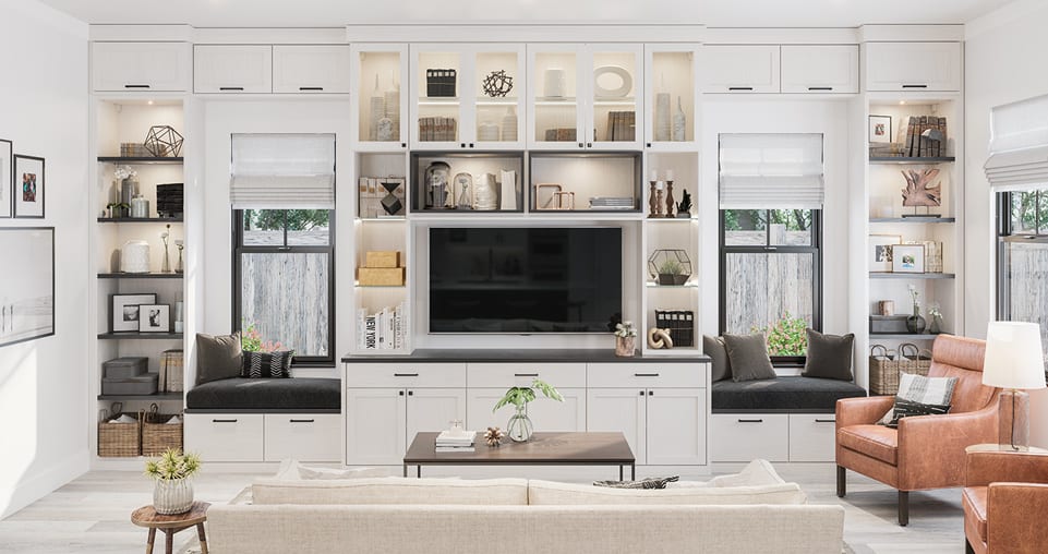 Entertainment center with accent lighting, shelving and drawers with a white finish designed to your budget.