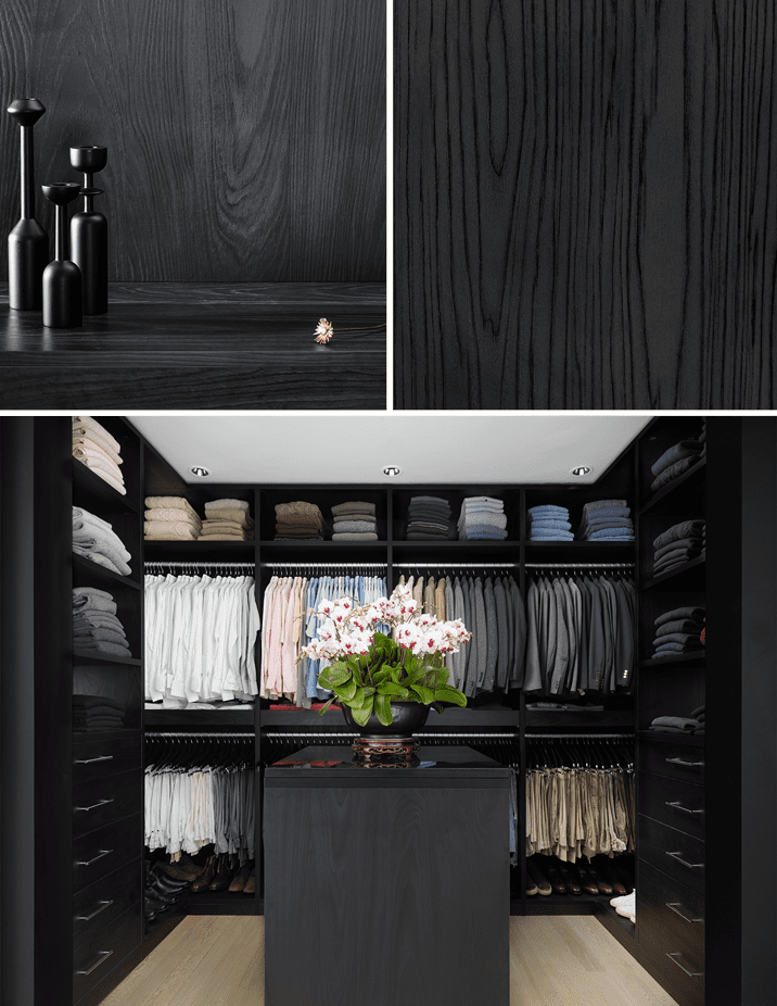 Walk in Closet with custom shelves, cabinets and center island storage in black wood grain finish created by California Closets